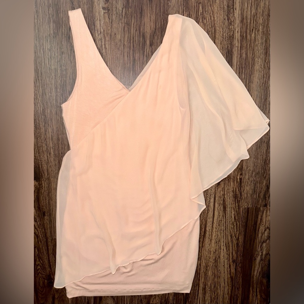 Fitted BeBe Blush Dress with Chiffon Asymmetrical Overlay Size Medium - Picture 7 of 9